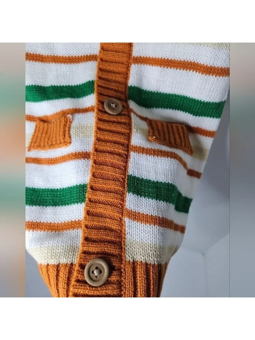 BARKER & JANE Sweater Orange Cream Brown Green Stripe Acrylic Size Medium